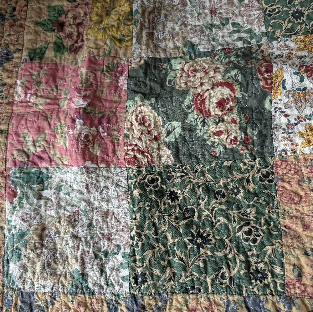 Quilted Patchwork King Pillow Shams 20x36 Floral Multicolor Cotton Vintage Style